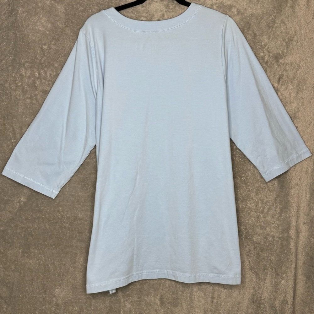 D&Co Essentials 1X Shirt Top Blue Solid 3/4 Sleeve V Neck Cotton Stretch Knit - Picture 4 of 6